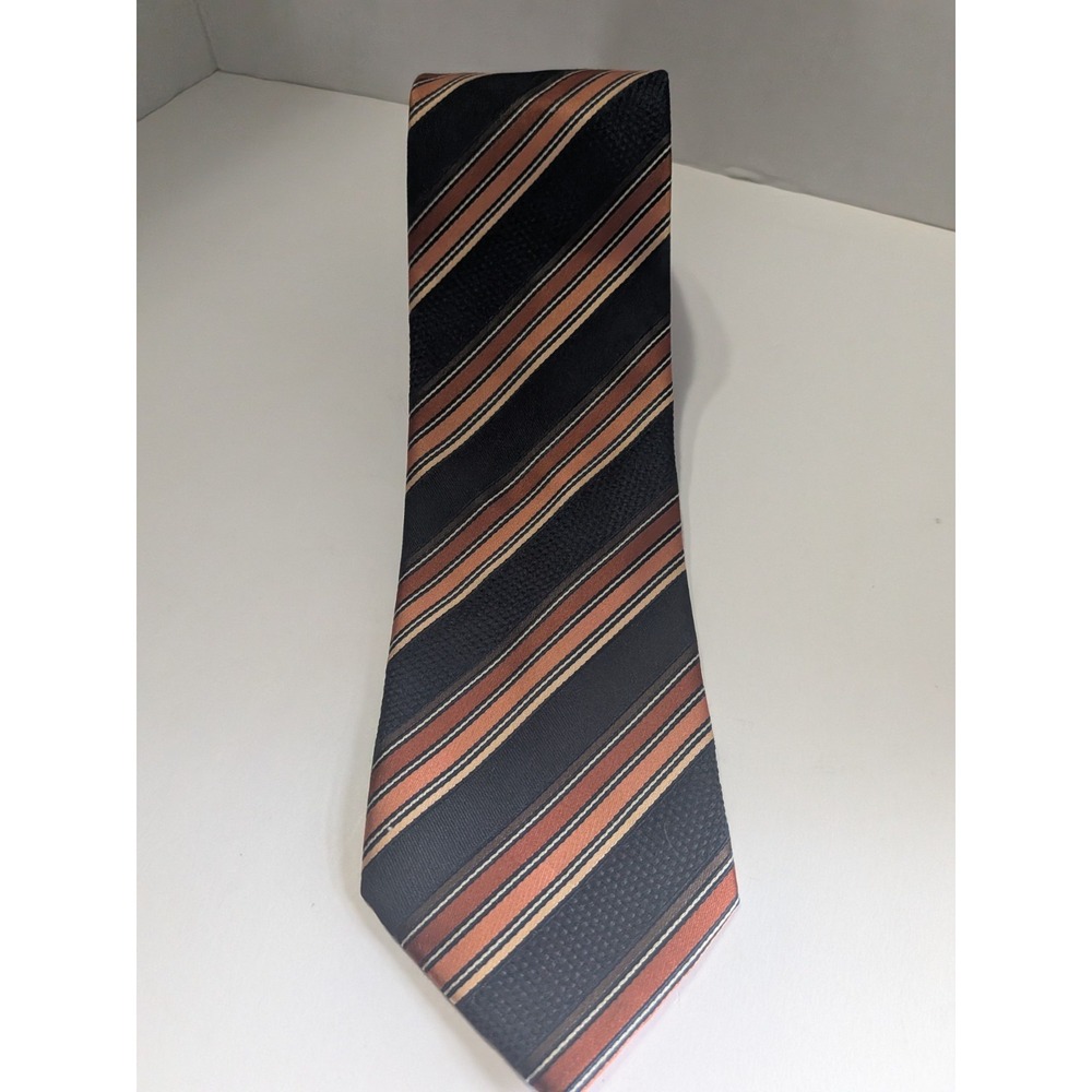 Bill Robinson Mens Necktie Black Copper Orange Tan Striped Hand Made Polyester